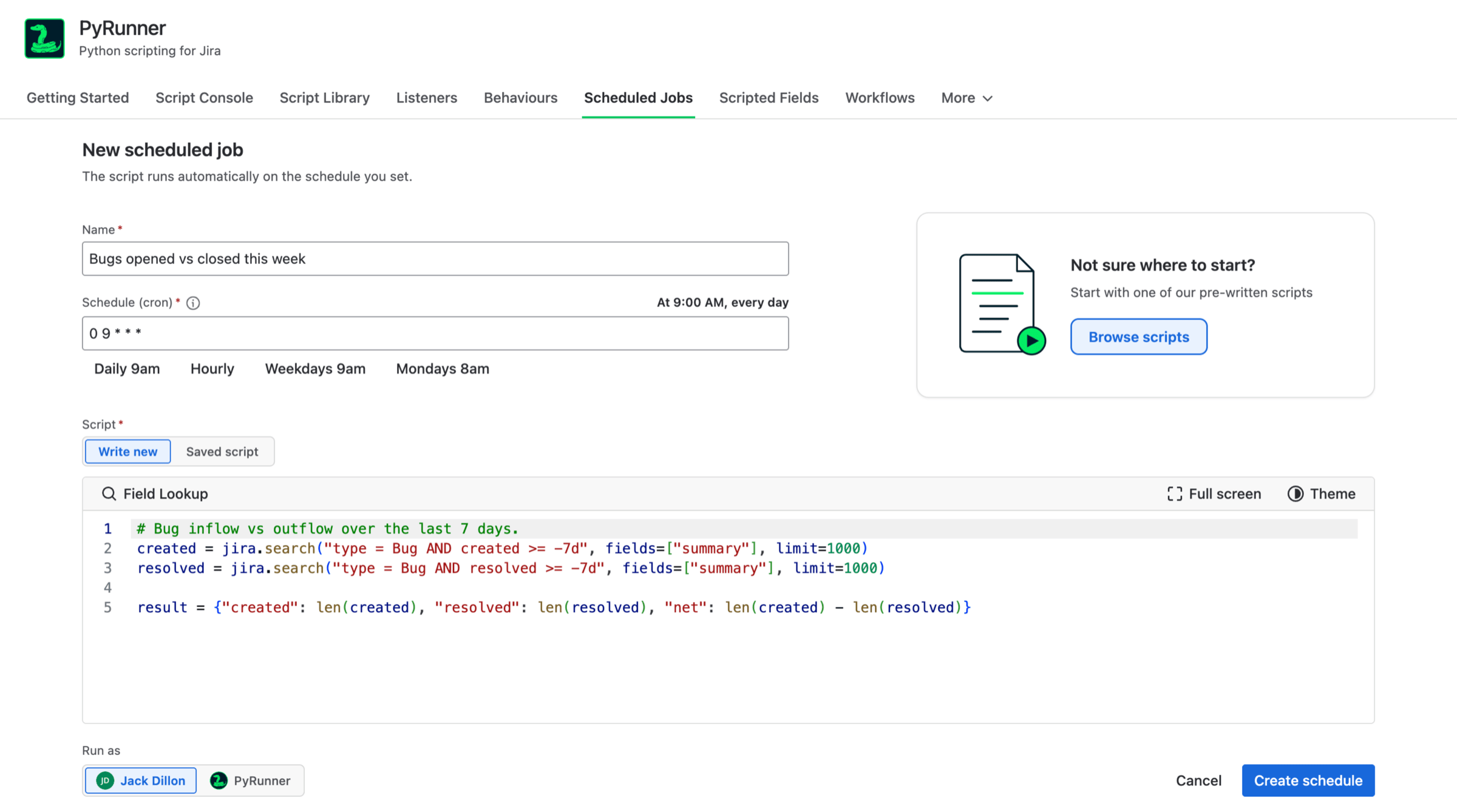 The New scheduled job form with a name, a cron expression reading 0 9 * * * translated as At 9:00 AM every day, the four preset buttons, a script, and the Run as toggle