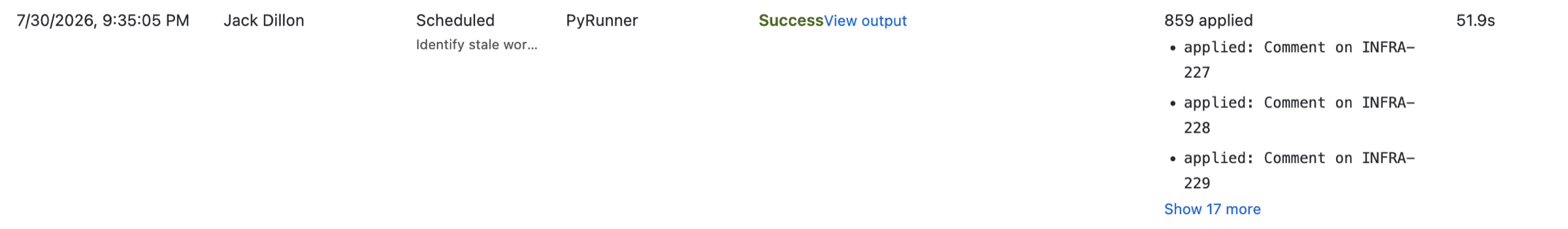 A log entry for the job showing a successful scheduled run lasting 51.9 seconds with 859 changes applied, the first three comments listed, and a View output link
