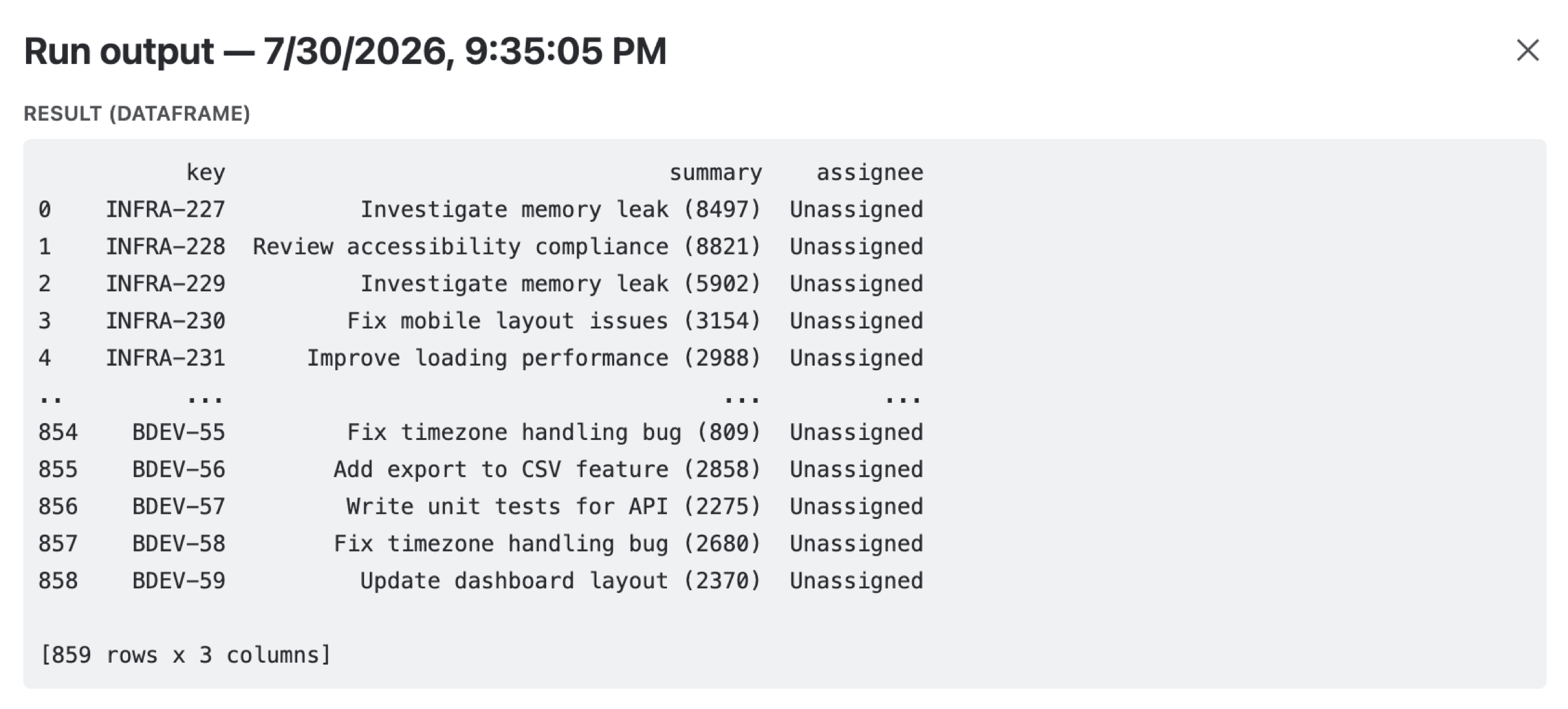 The run output modal showing the returned DataFrame of 859 rows with key, summary and assignee columns