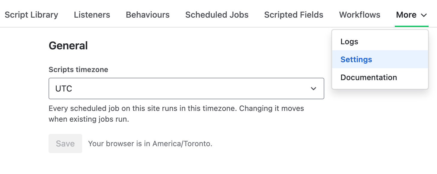 The Settings page under the More menu, showing the Scripts timezone picker set to UTC and a note that the browser is in America/Toronto