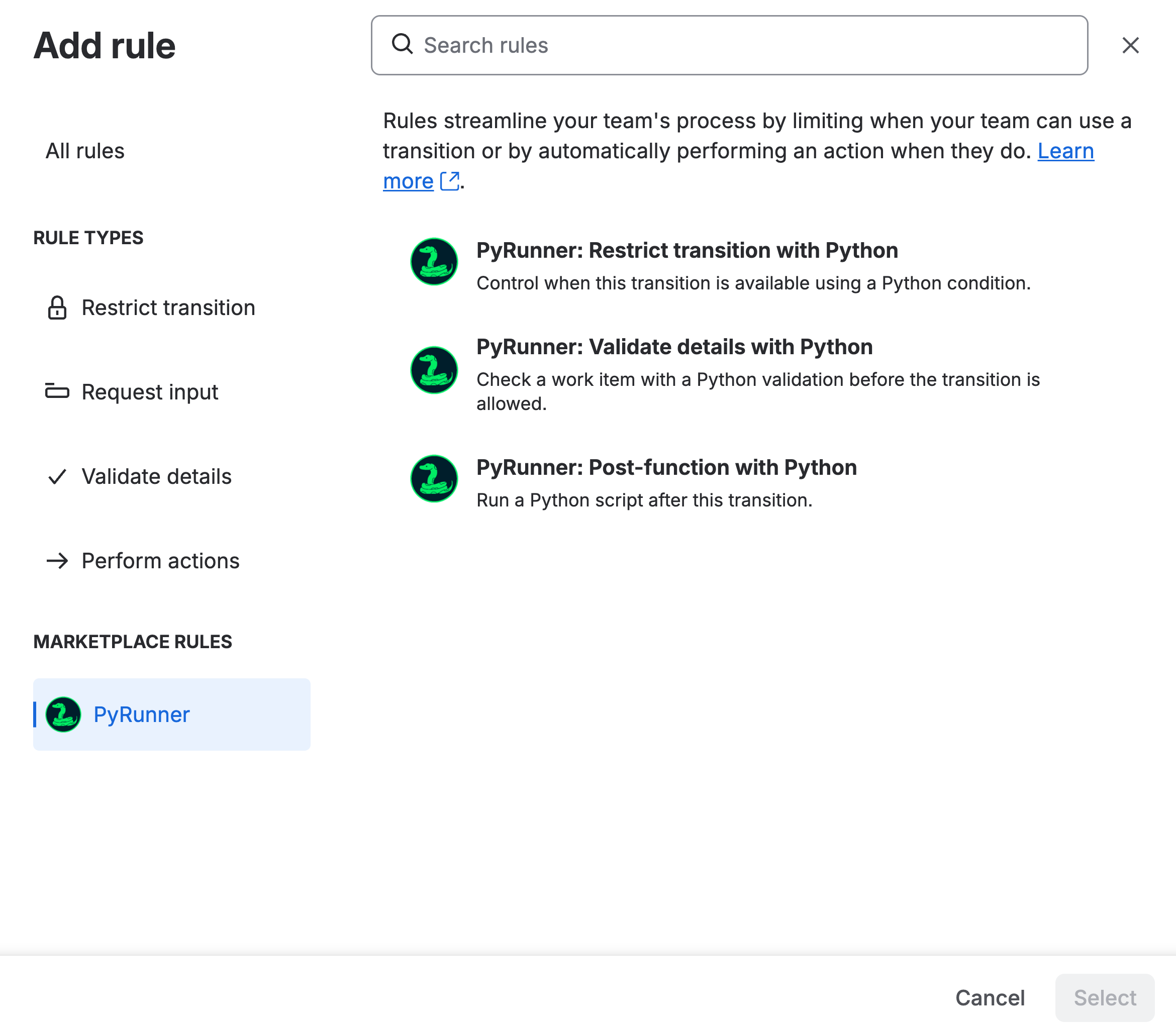 Jira's Add rule dialog, filtered to PyRunner, showing the restrict transition, validate details and post-function options