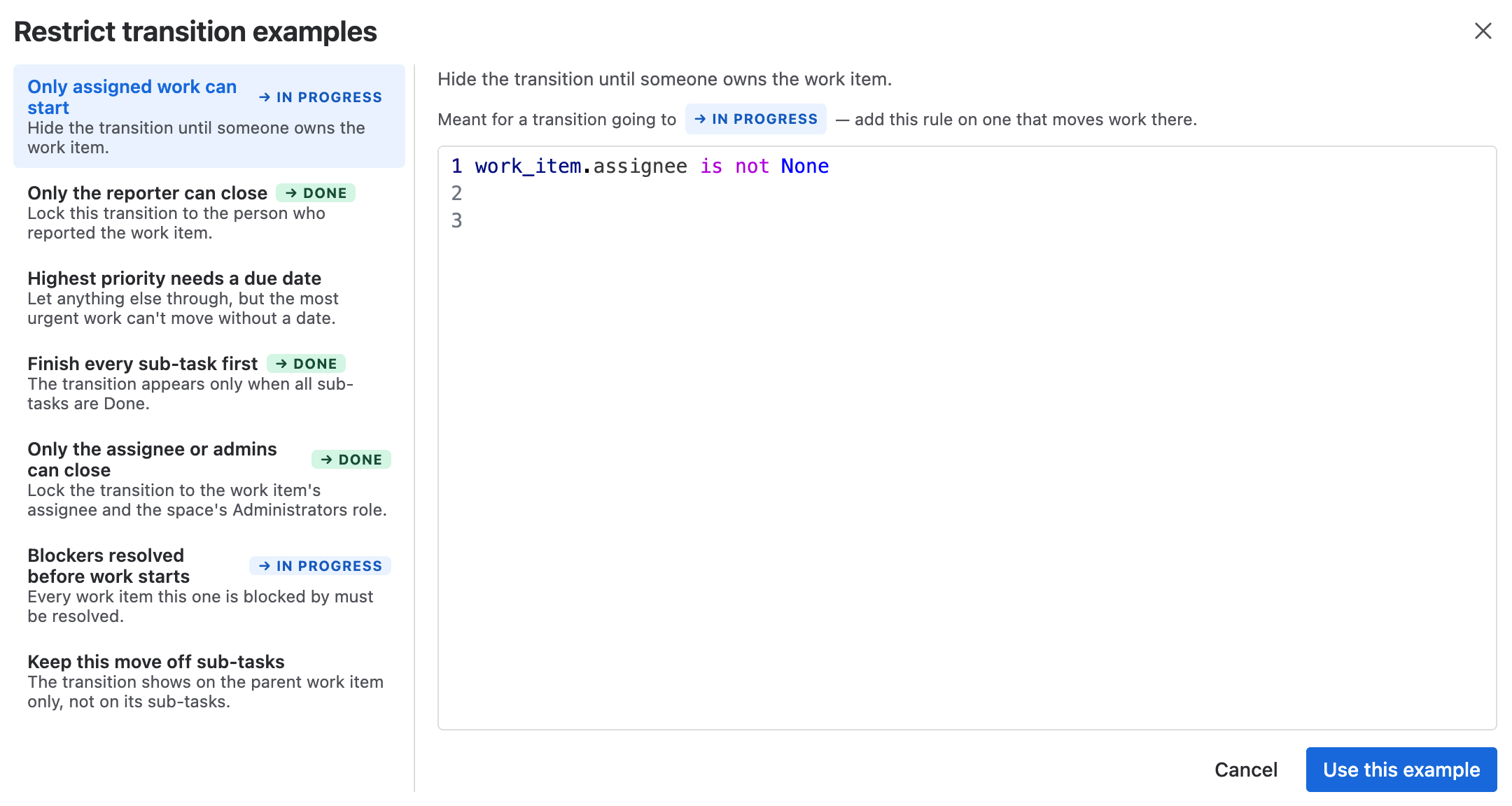 The Restrict transition examples gallery, listing ready-made rules with the transition each is meant for and the script for the selected one