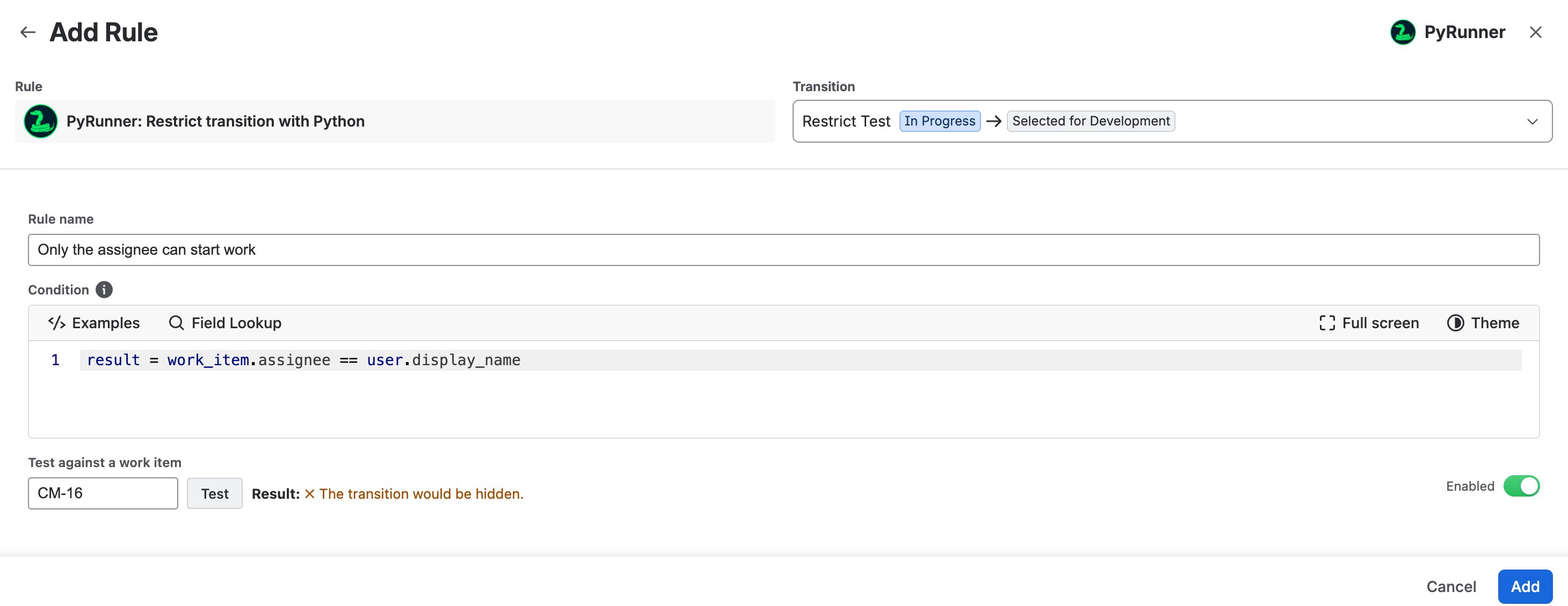 The PyRunner rule panel inside Jira, with a rule name, a Python condition, a test box, and Jira's Add button