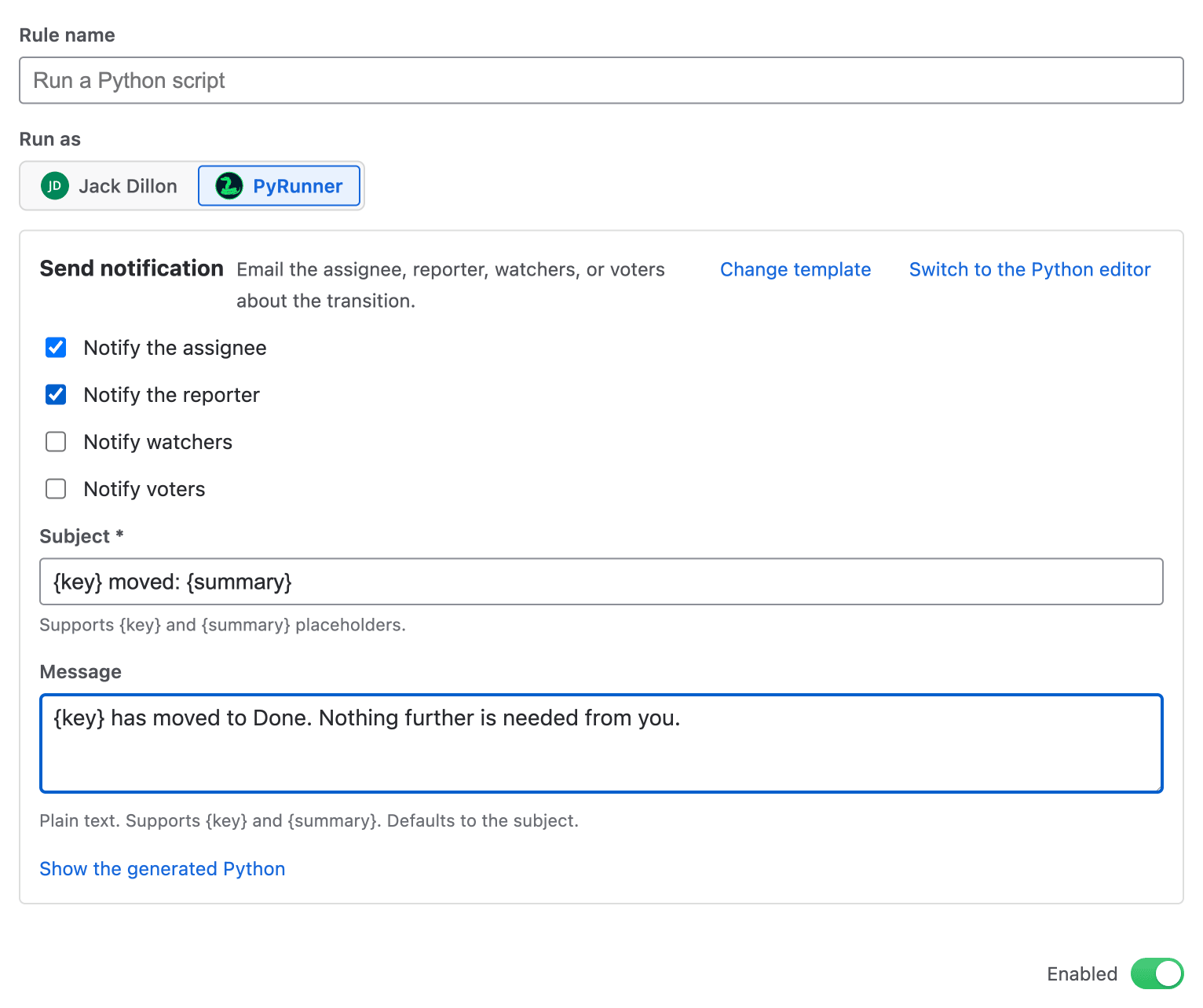 The Send notification template form, with recipient checkboxes, a subject, a message, and a link reading Show the generated Python