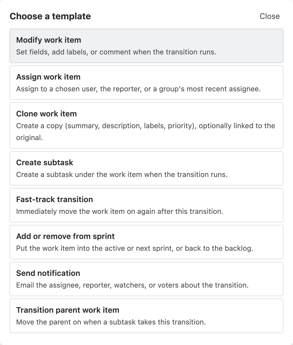 The template picker, listing eight templates with a one-line description of each