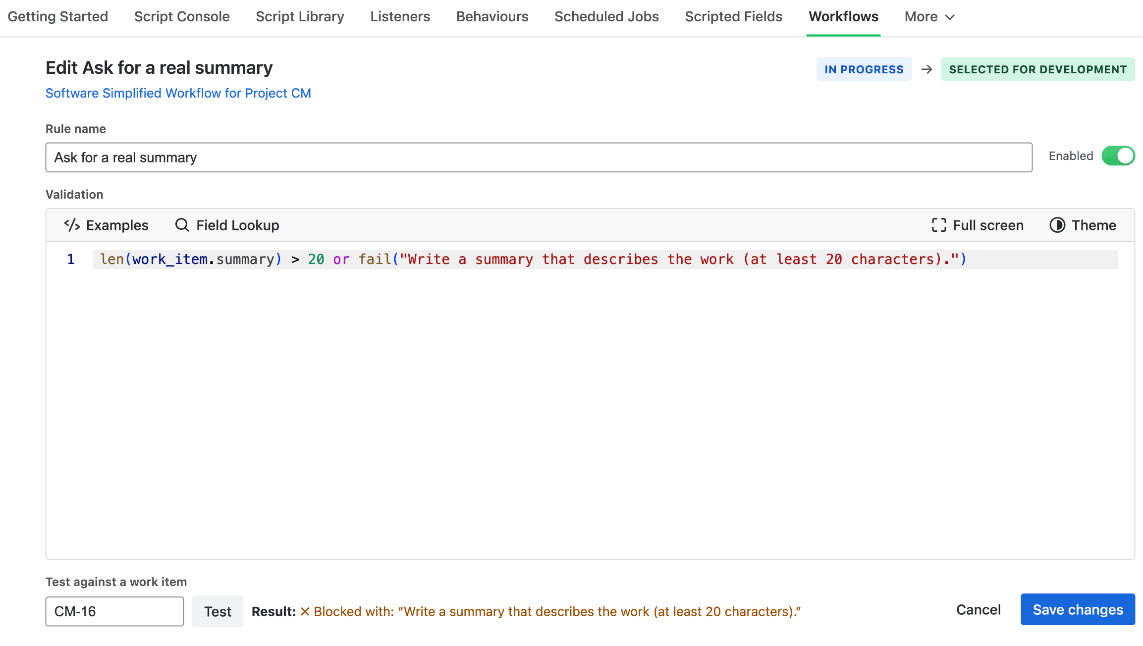 The rule editor for a validate rule, with Test against a work item reporting Blocked with the validator's message