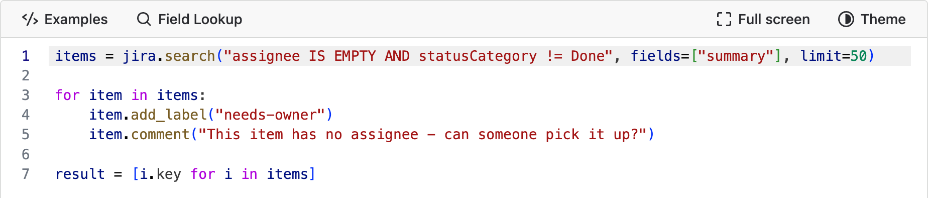 The script in the Script Console: a search, then add_label and comment on each item