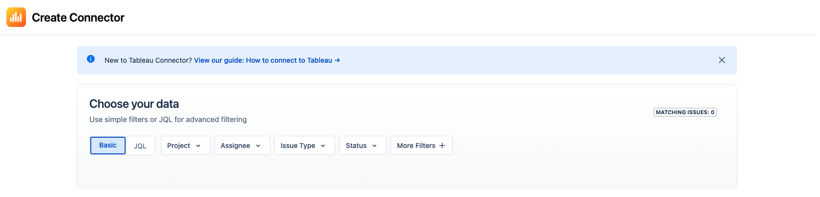 Basic filters interface with dropdown menus for project, assignee, and issue type