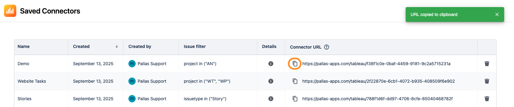 Saved connectors page with copy URL button highlighted