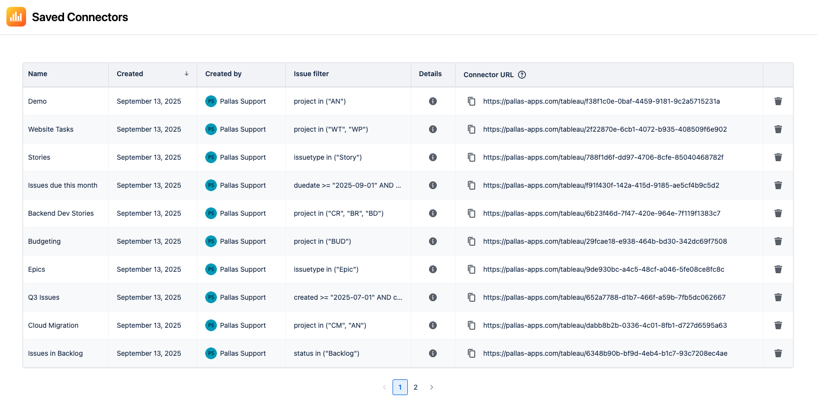 Saved connectors page showing list of all created connectors