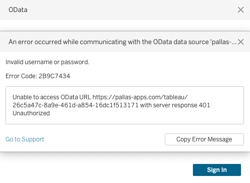 Invalid username / password error message in Tableau