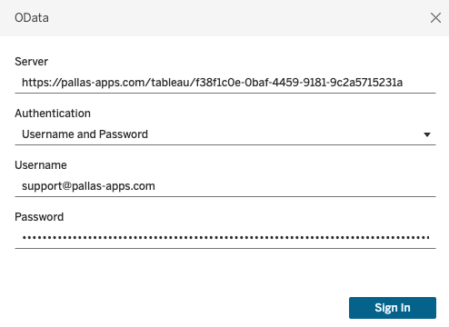 Tableau authentication dialog with server URL and credentials