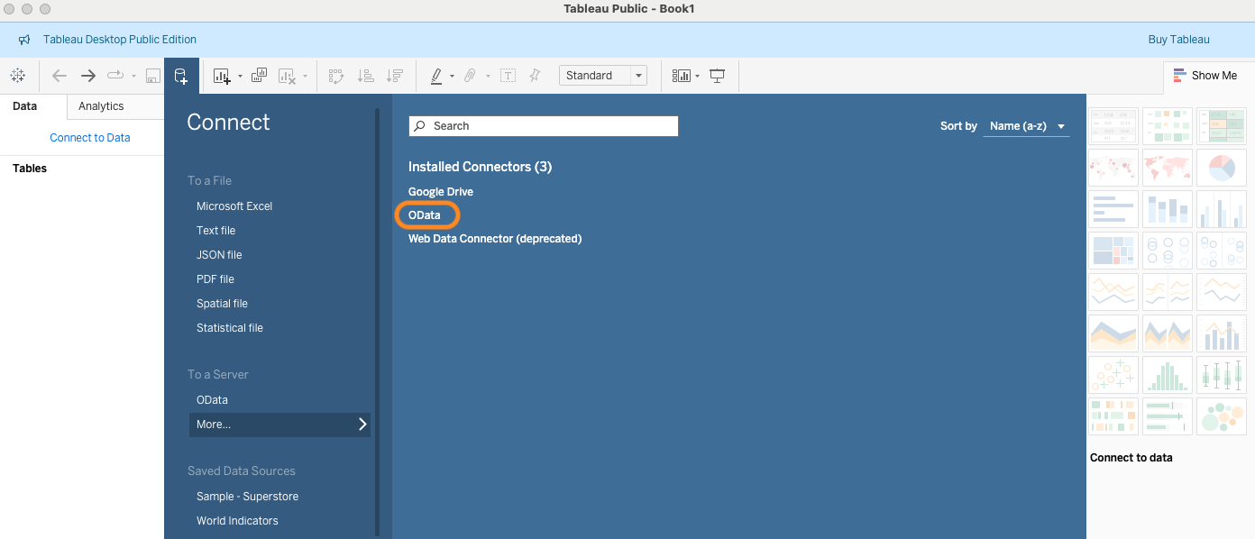 Tableau Desktop connect menu with OData option