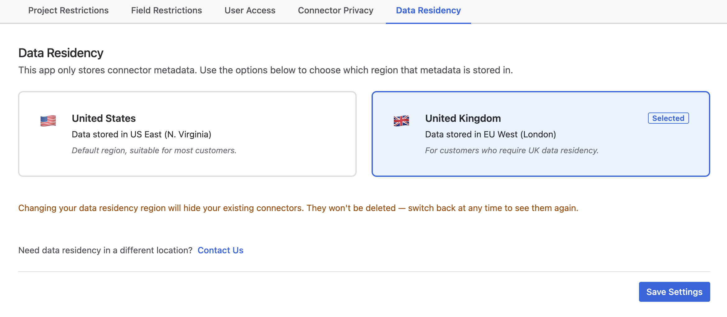 Data Residency tab with United Kingdom region selected