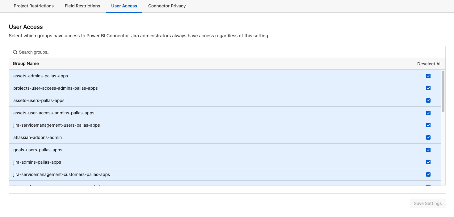 User Access tab showing all groups selected