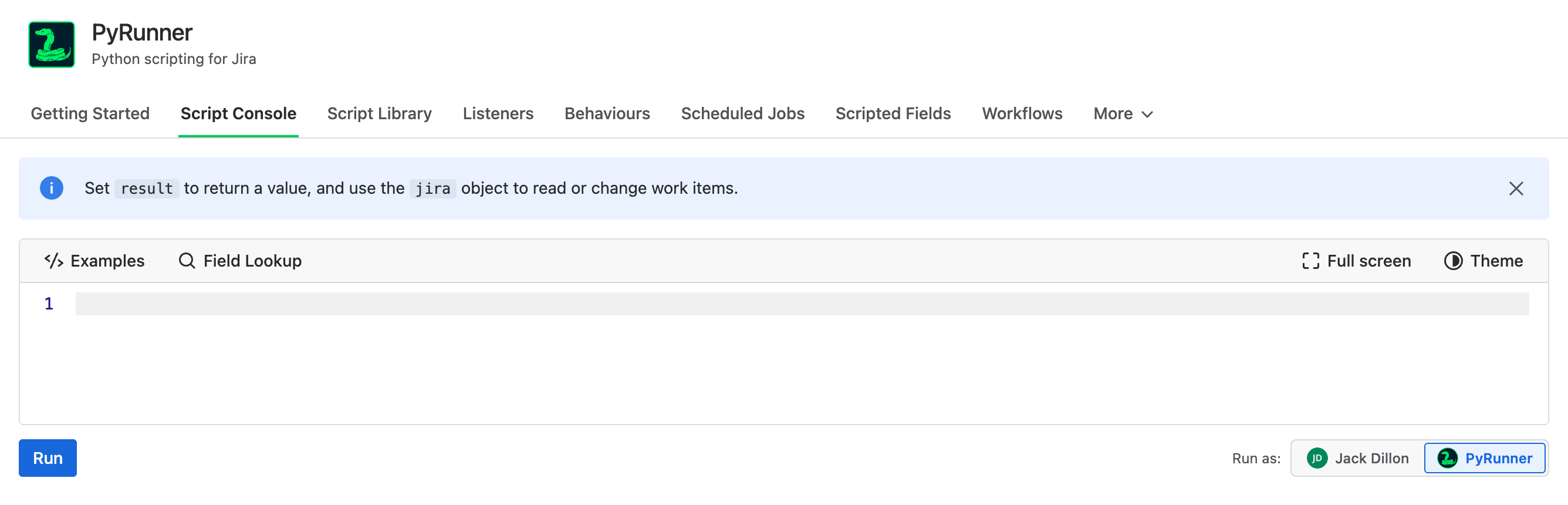 The Script Console, with the editor, the Run button and the Run as setting