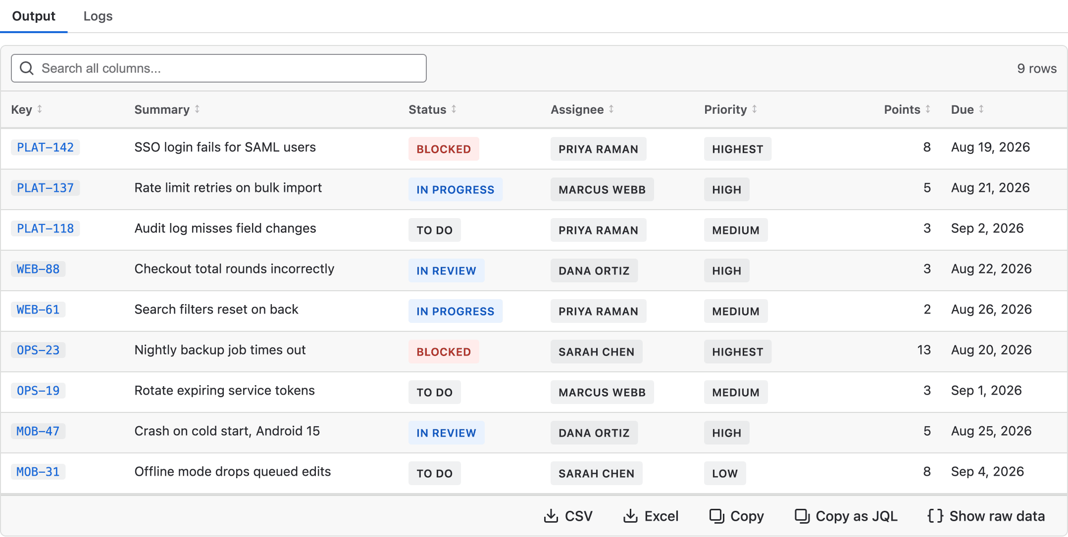 A script result rendered as a table, with sortable columns, coloured status badges, and CSV, Excel, Copy and Copy as JQL buttons